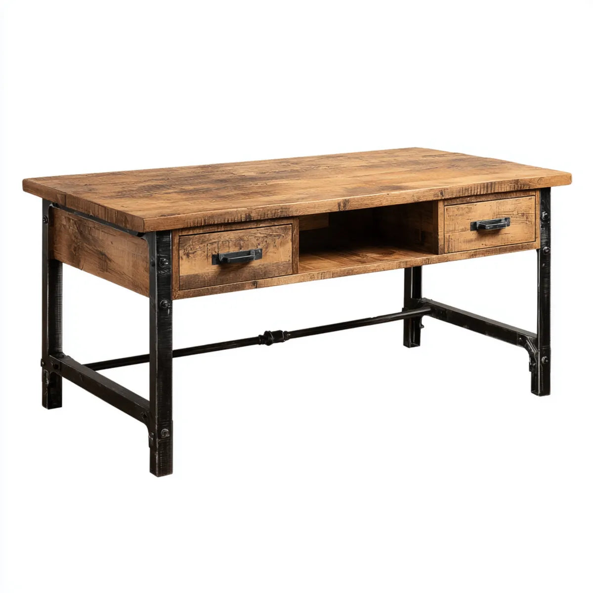 Bureau industriel marron et noir 140 x 50 x 76 cm en bois massif de récupération et acier avec 2 tiroirs