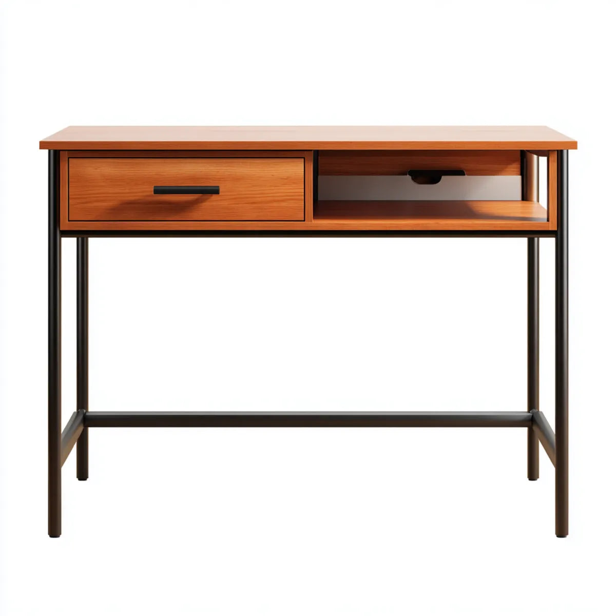 Bureau informatique avec tiroir brun noyer et noir 120 x 60 x 75 cm en panneaux MDF plaqués et acier rectangulaire