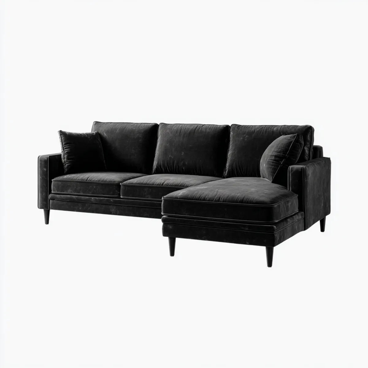 Canapé d'angle droit 3 places noir en velours polyester forme L 260 x 160 x 85 cm