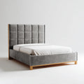 Lit double 160 x 200 cm gris en microfibre polyester avec cadre en pin massif et tête de lit capitonnée rectangulaire