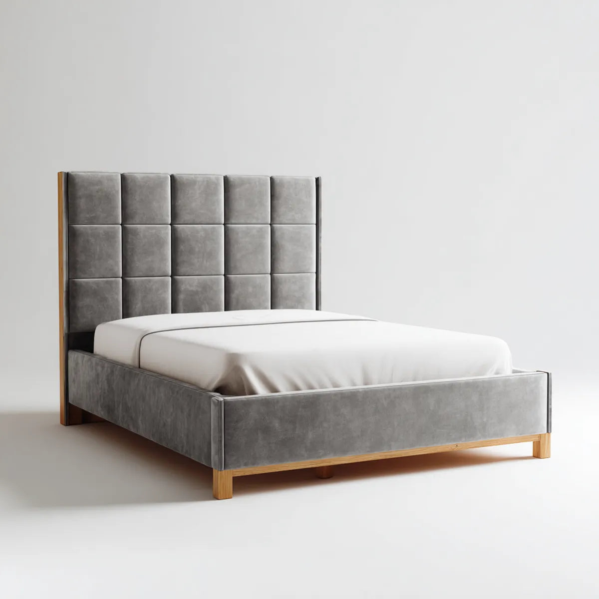 Lit double 160 x 200 cm gris en microfibre polyester avec cadre en pin massif et tête de lit capitonnée rectangulaire