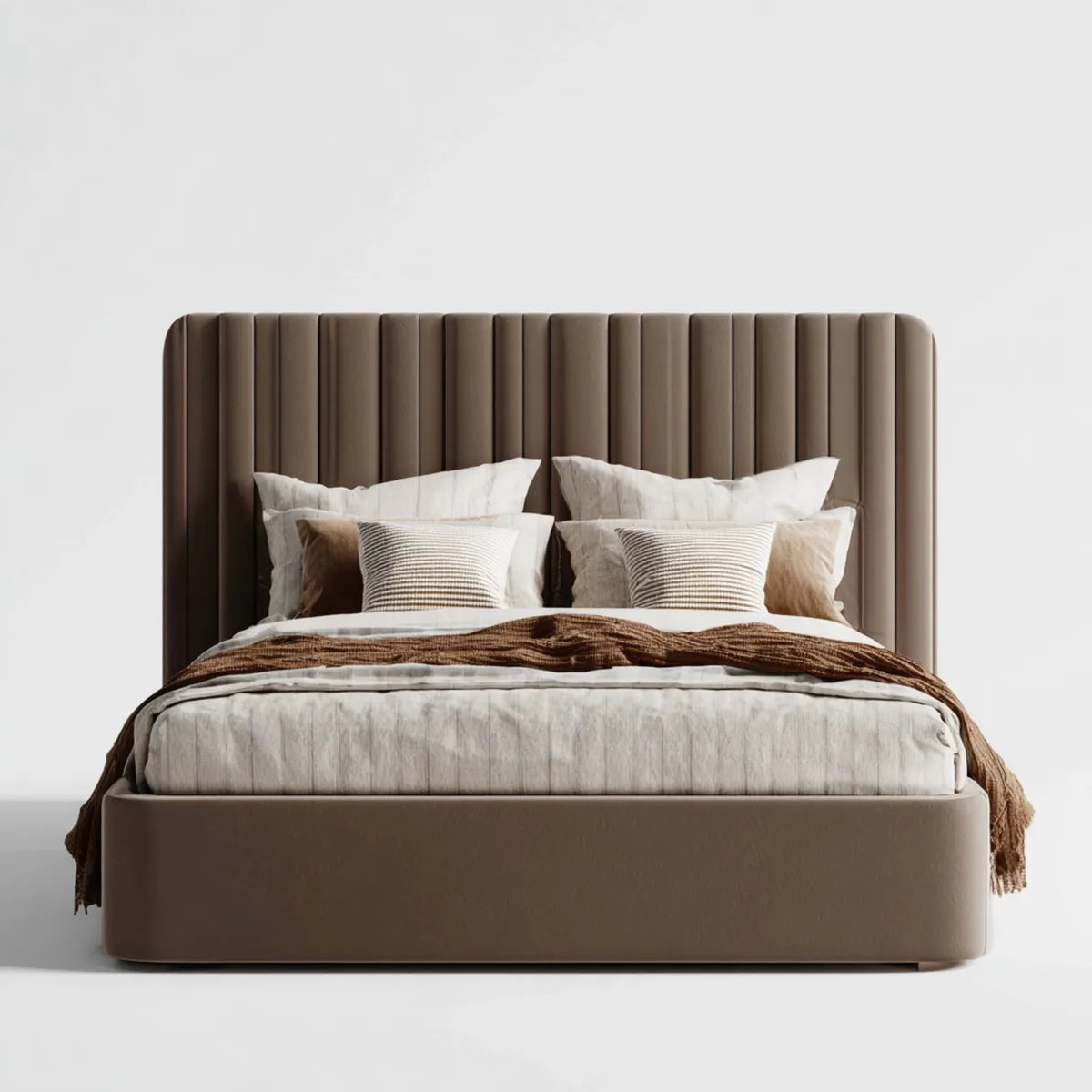 Lit double capitonné taupe 160 x 200 cm en polyester avec tête de lit verticale arrondie