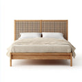 Lit double 160 x 200 cm naturel en bois massif et cannage rectangulaire