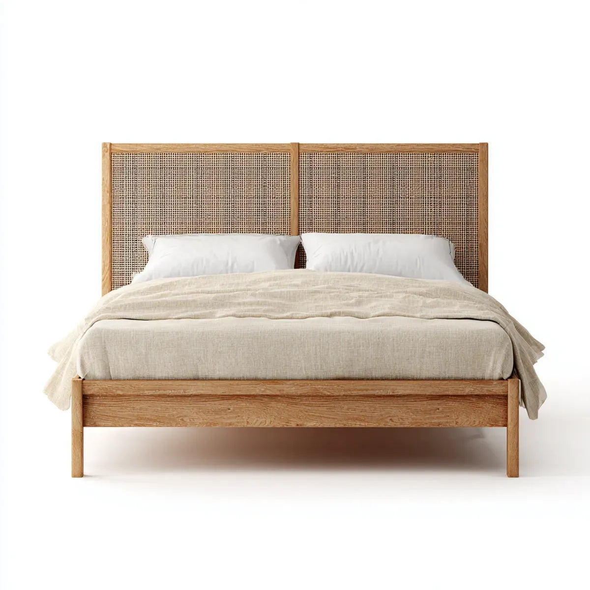 Lit double 160 x 200 cm naturel en bois massif et cannage rectangulaire