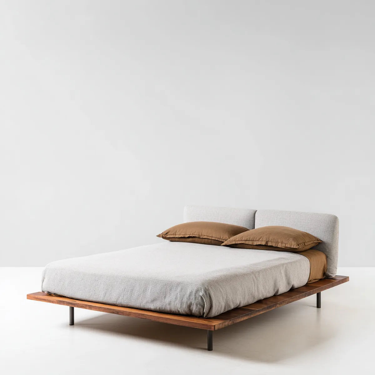 Lit double 160 x 200 cm marron et gris clair en bois massif et polyester rectangulaire