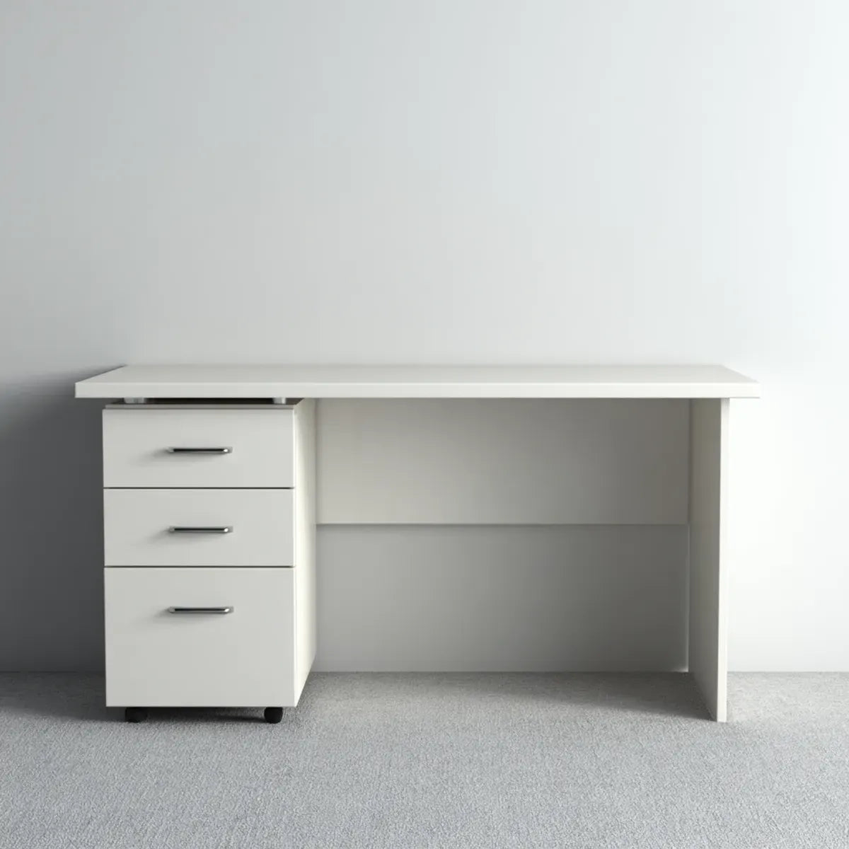 Bureau informatique blanc avec caisson mobile 3 tiroirs en panneaux de particules mélaminés rectangulaire 120 x 60 x 75 cm