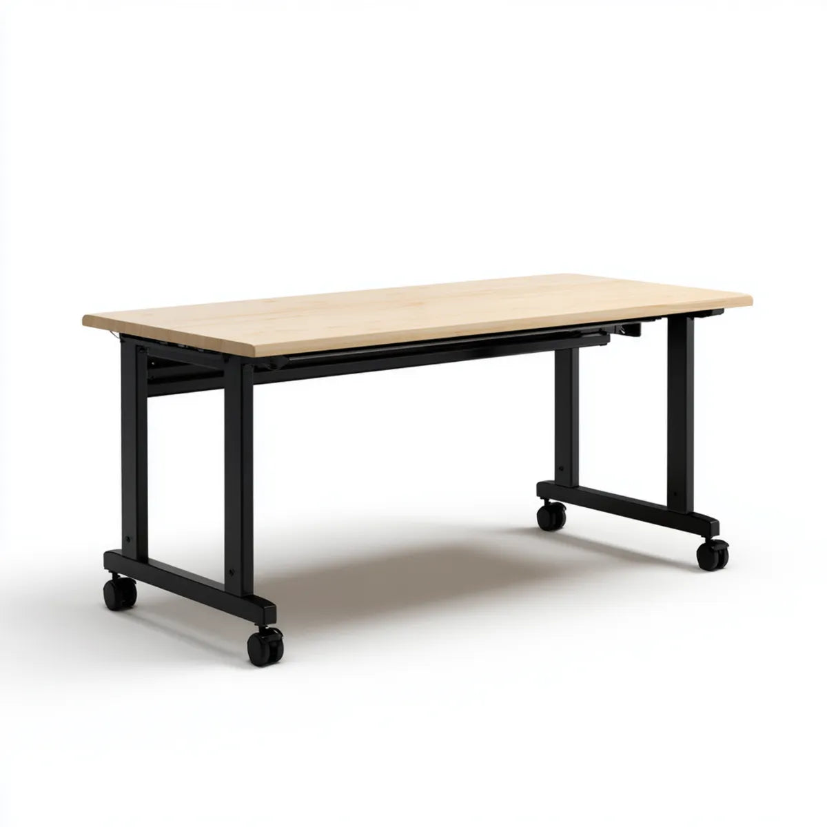 Bureau pliant à roulettes naturel et noir 140 x 60 x 75 cm en bambou et acier rectangulaire
